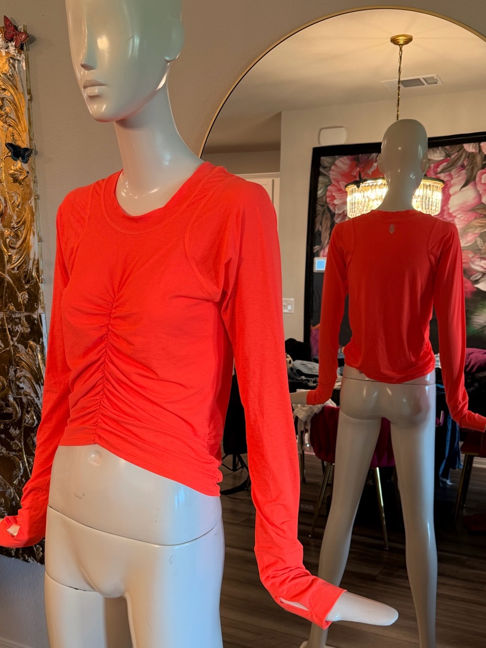 NWOT FP Movement by Free People Ruched Long-Sleeve Crew in Bright Coral